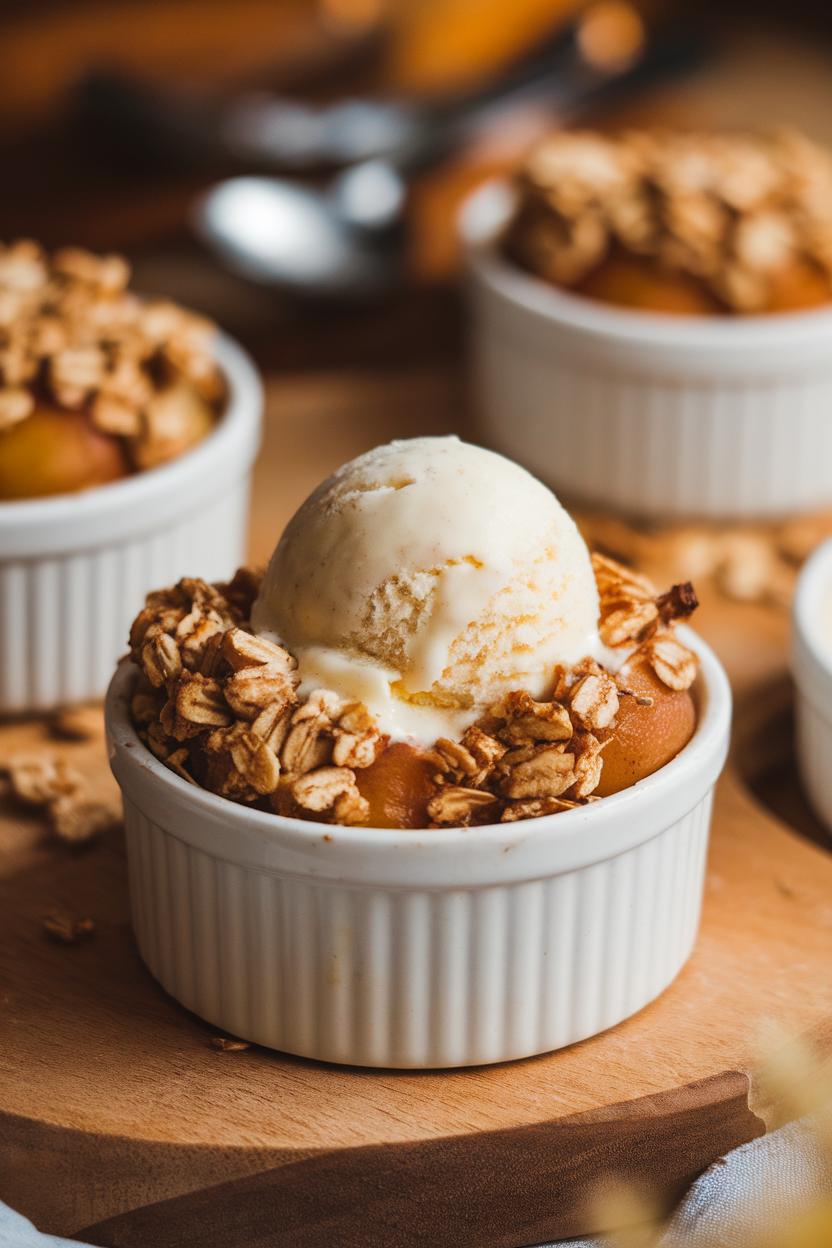 Indoor photo of an individual ramekin filled with golden oat topping over bubbling pears, a scoop of vanilla ice cream melting slightly. No text or logos.