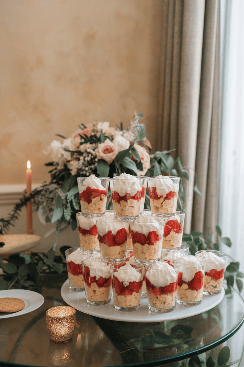Photo of clear cups layered with shortcake pieces, macerated strawberries, and whipped cream, placed indoors on a dessert table. No text or logos shown.
