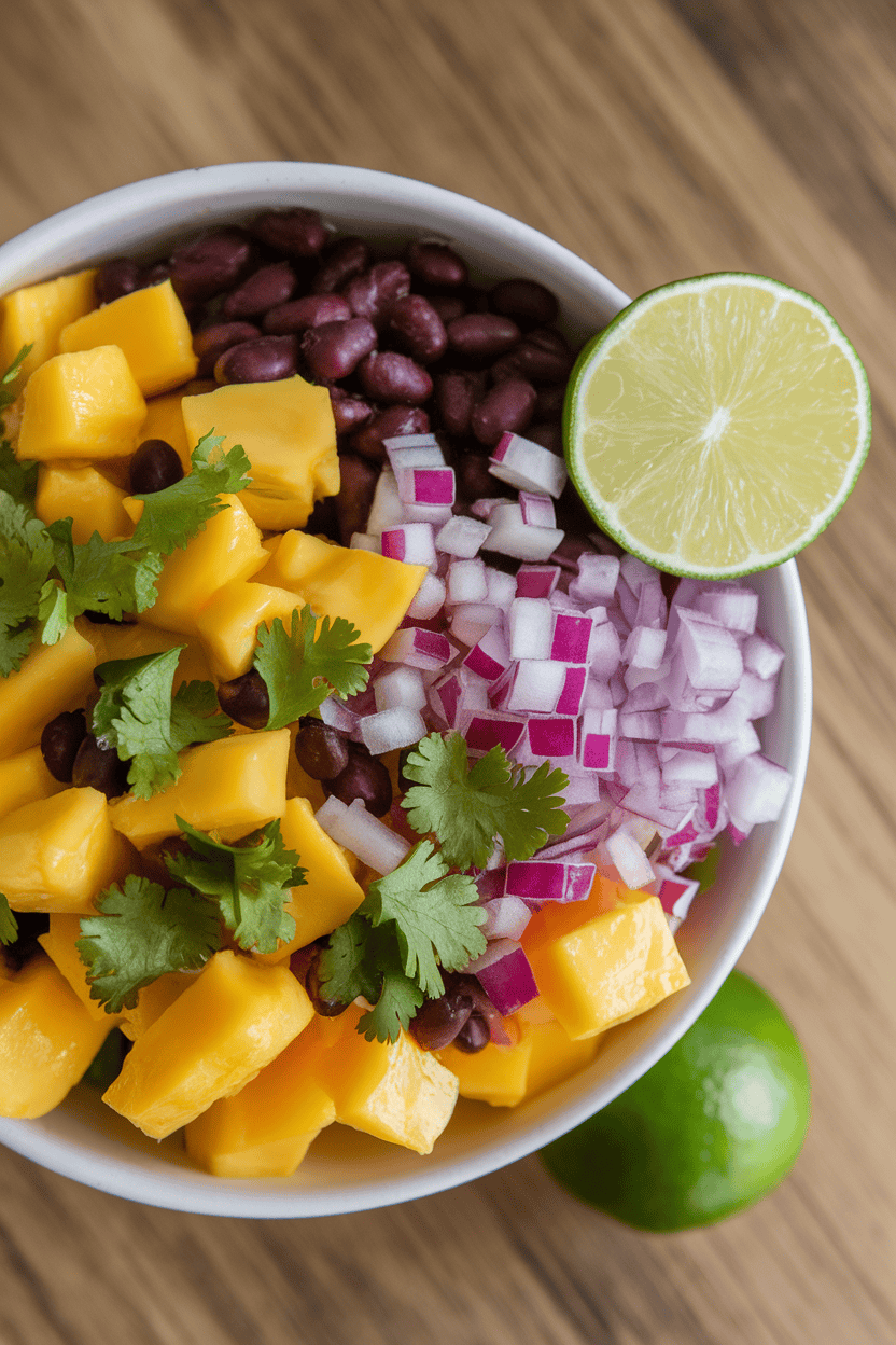 Overhead indoor photo of a bowl with diced ripe mango, black beans, red onion, and cilantro, lime wedge on side; no logos.