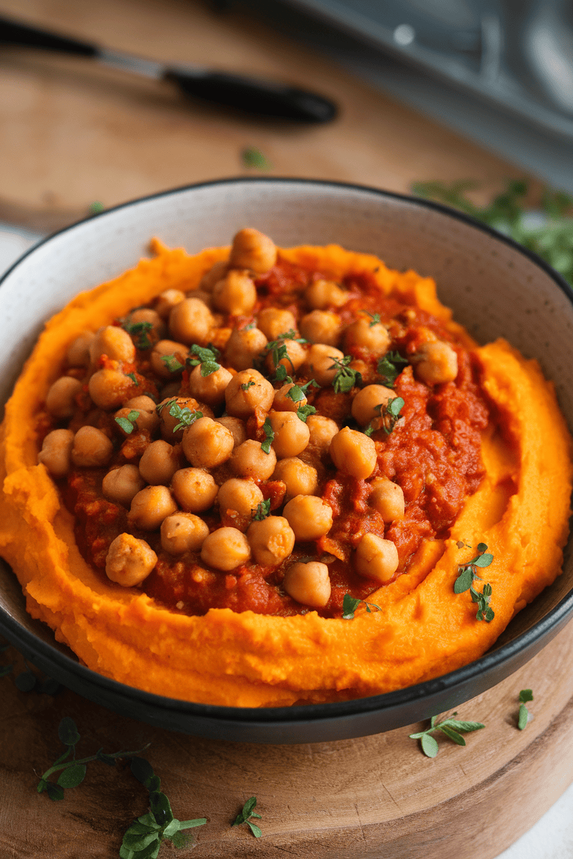 Photo of a bowl indoors featuring saucy chickpeas over bright orange mashed sweet potato, no text or logos.
