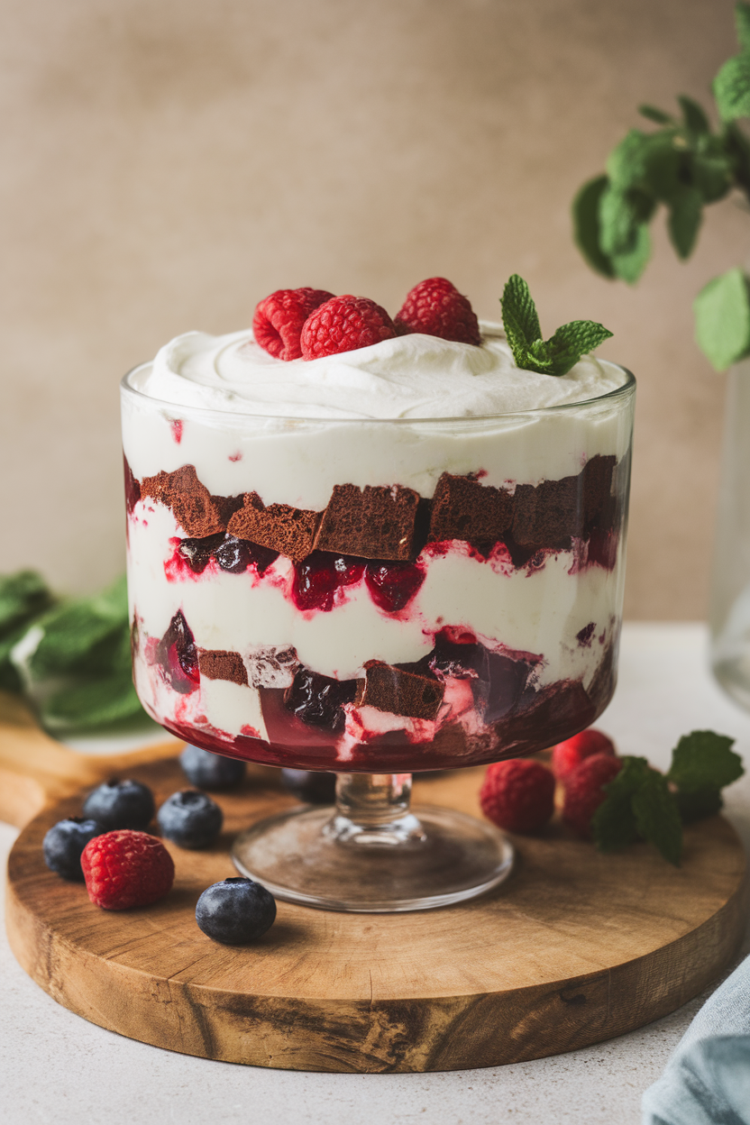 Indoor photo of a glass trifle dish layered with chocolate cake cubes, cranberry compote, and whipped cream. No text or logos.
