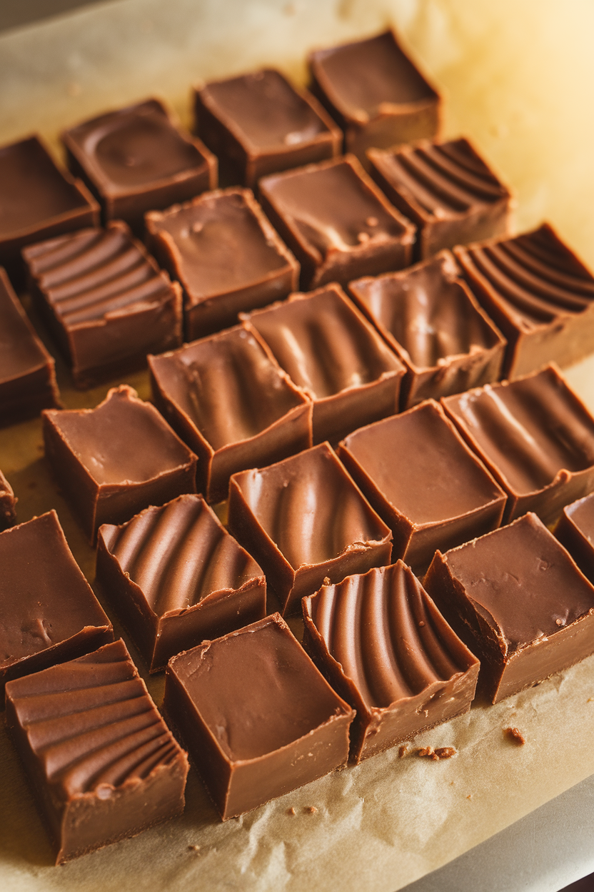 Indoor photo of bite-sized peanut butter fudge squares arranged in rows on parchment paper, subtle reflections from warm under-cabinet lighting. No text or logos.