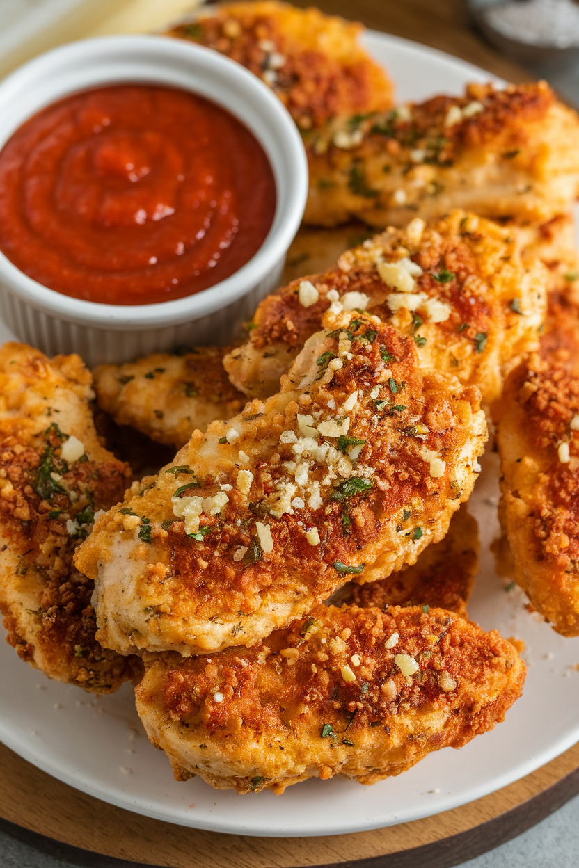 Indoor platter of baked garlic-Parmesan chicken tenders, small bowl of marinara beside, no logos. Photo.