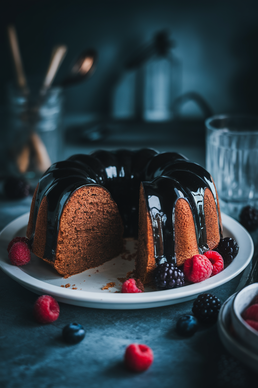 Indoor photo of a glossy black rum Bundt cake with a slice removed showing dense interior, moody lighting. No text or logos.