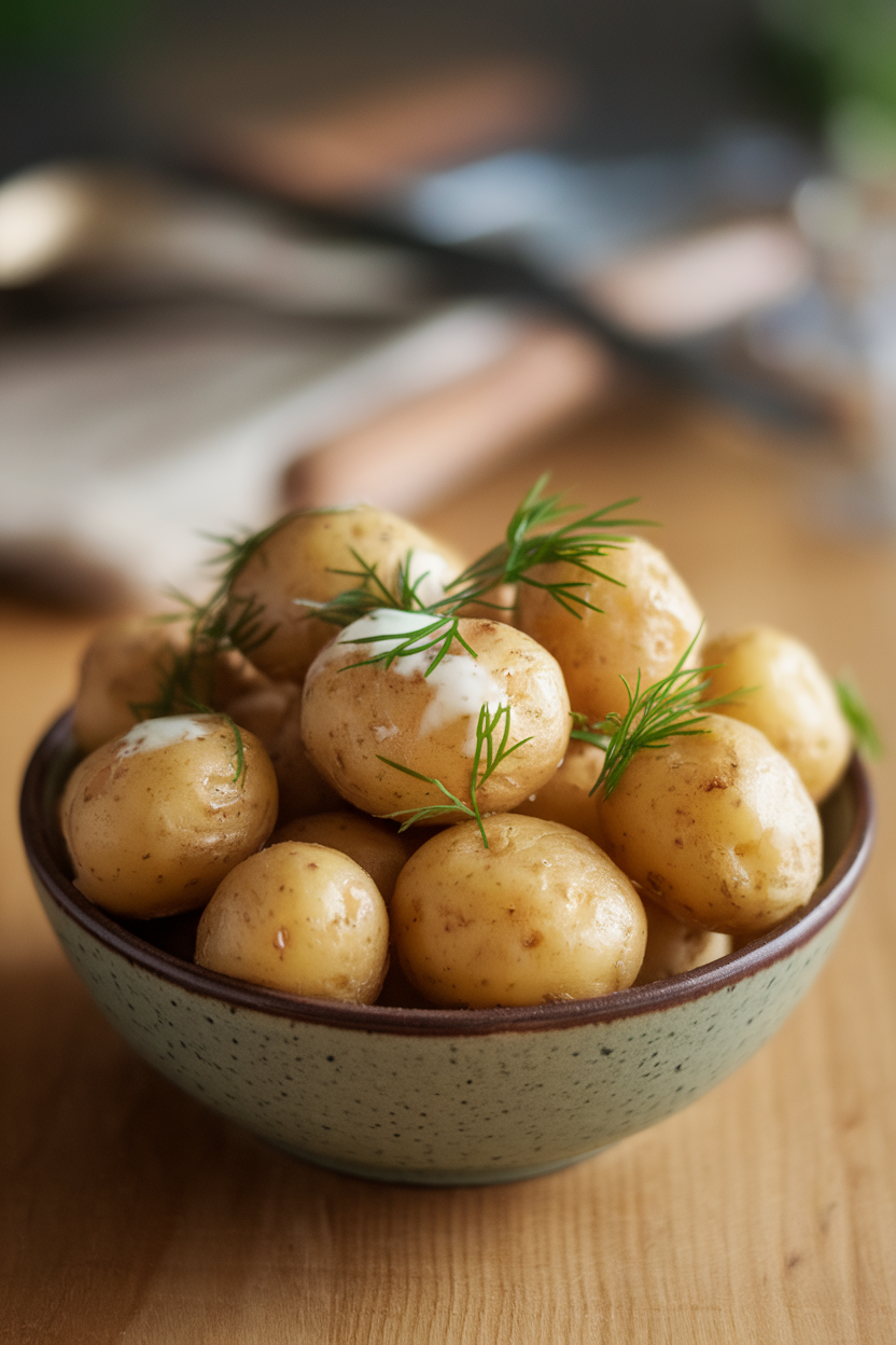 Small boiled baby potatoes gleaming with melted butter and fresh dill in a serving bowl indoors; no text or logos. Photo only.