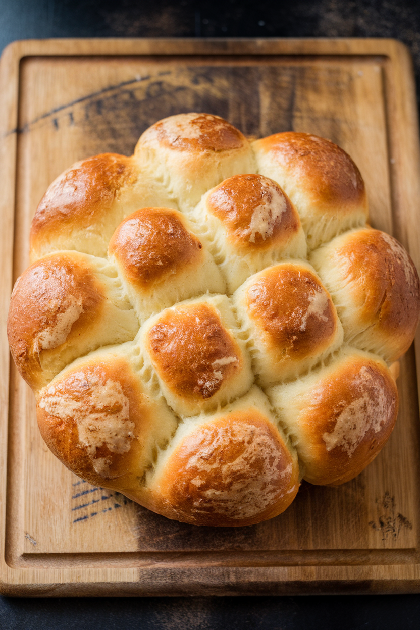 An indoor loaf of pull-apart bread on a wooden board, cheesy layers visible between pieces, brushed with garlic butter. No text or logos. Photo only.