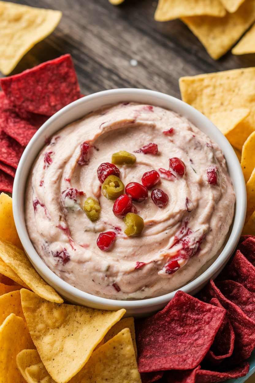 An indoor serving bowl of creamy white dip marbled with bright cranberry bits and green jalapeño flecks, tortilla chips arranged around. No text or logos. Photo only.
