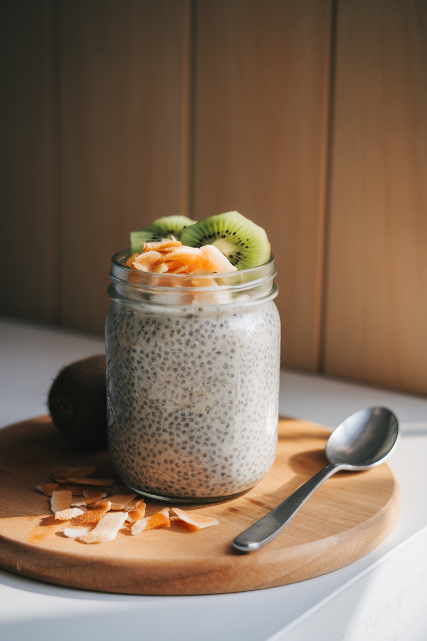 Indoor mason jar filled with thick vanilla chia pudding topped with kiwi slices and toasted coconut flakes, soft morning light. No text or logos.