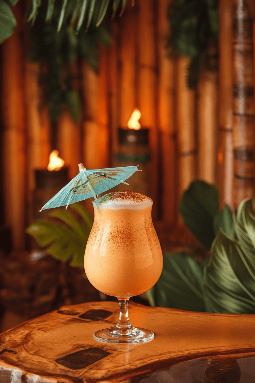 Indoor tiki lounge with snifter of creamy orange piña colada-style cocktail, dusting of grated nutmeg on crushed ice cap, paper umbrella; no text or logos.