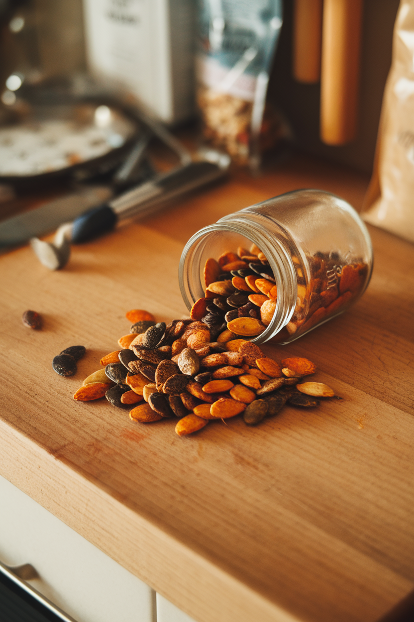Indoor photo of a small glass jar spilling roasted pumpkin seeds coated in spices onto a countertop; no text or logos.