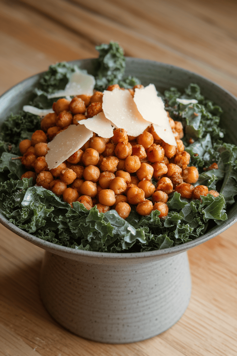 Indoor photo of chopped kale leaves massaged with dressing, topped with golden roasted chickpeas and shaved Parmesan, all in a modern salad bowl—no text or logos.
