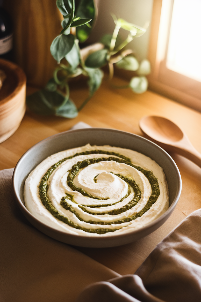 A warmly lit indoor countertop featuring a shallow bowl of pale ricotta swirled with green pesto streaks resembling ghostly wisps. Photo, no text or logos.