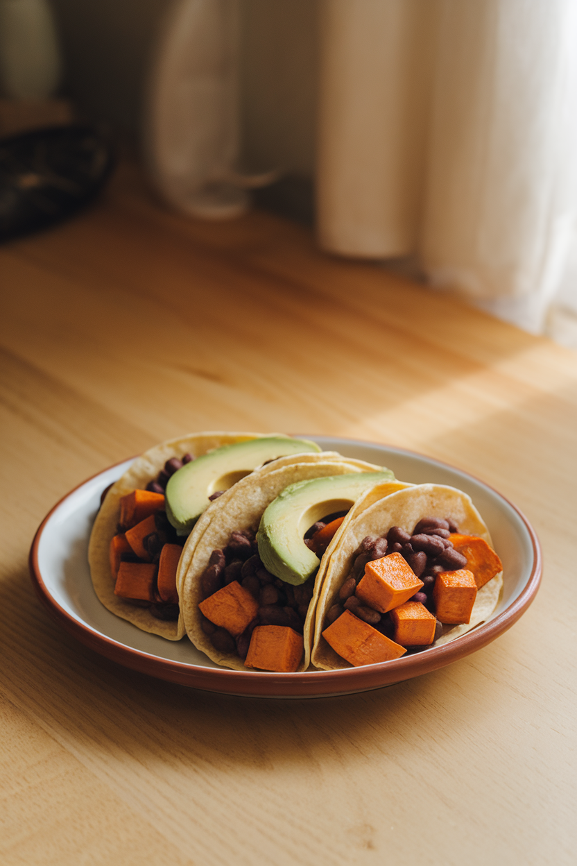 A warmly lit indoor tabletop featuring corn tortillas filled with roasted sweet potato cubes and black beans, topped with avocado slices. No text or logos, photo only.