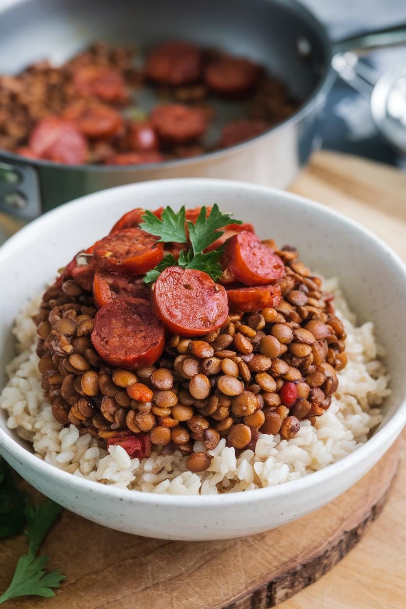 Indoor photo of smoky lentils and sliced chorizo piled over brown rice with roasted red peppers and parsley. No logos or text.