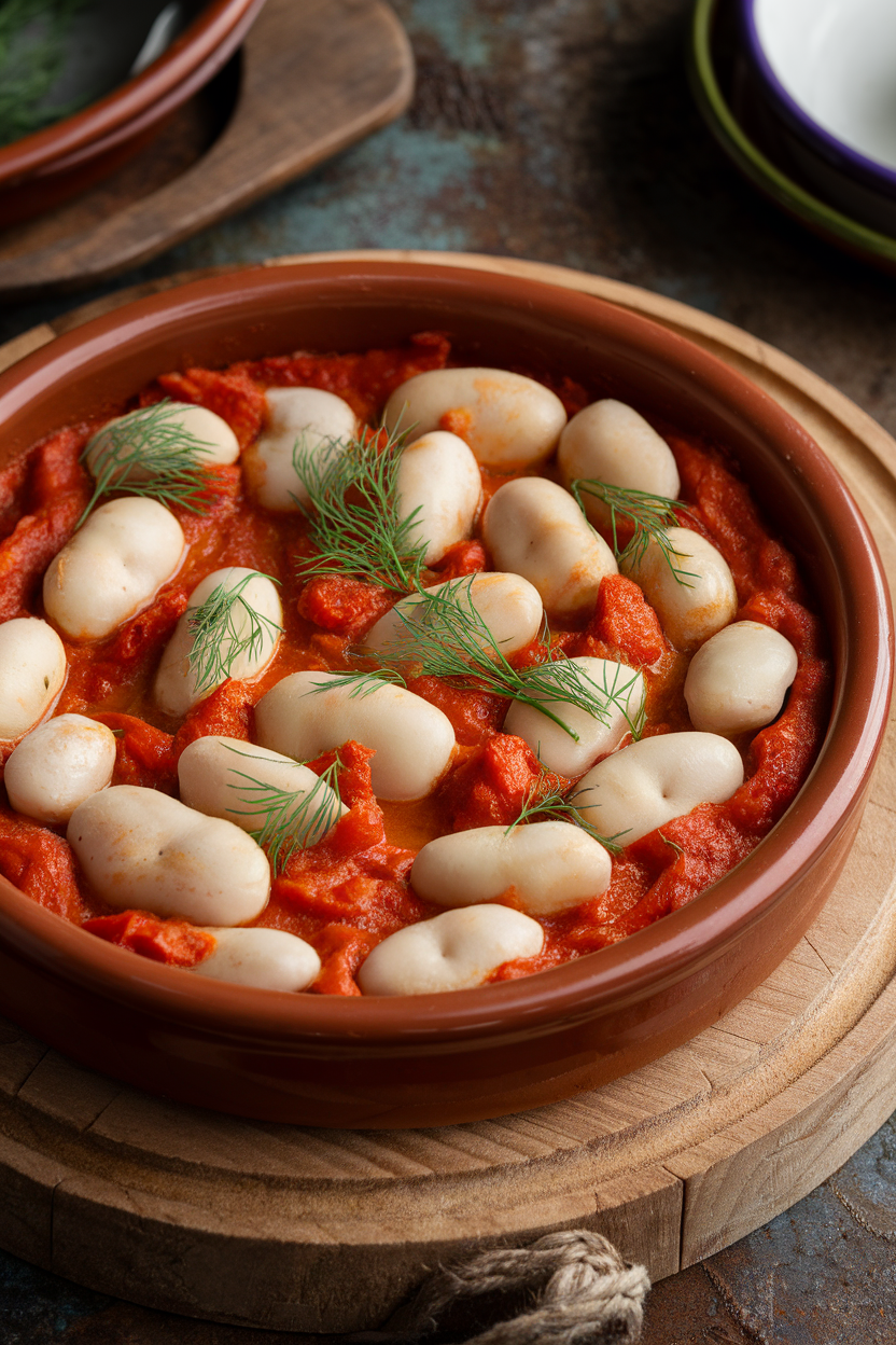 Photo of large white beans baked in tomato sauce inside a clay dish indoors, sprinkled with dill; no text or logos.