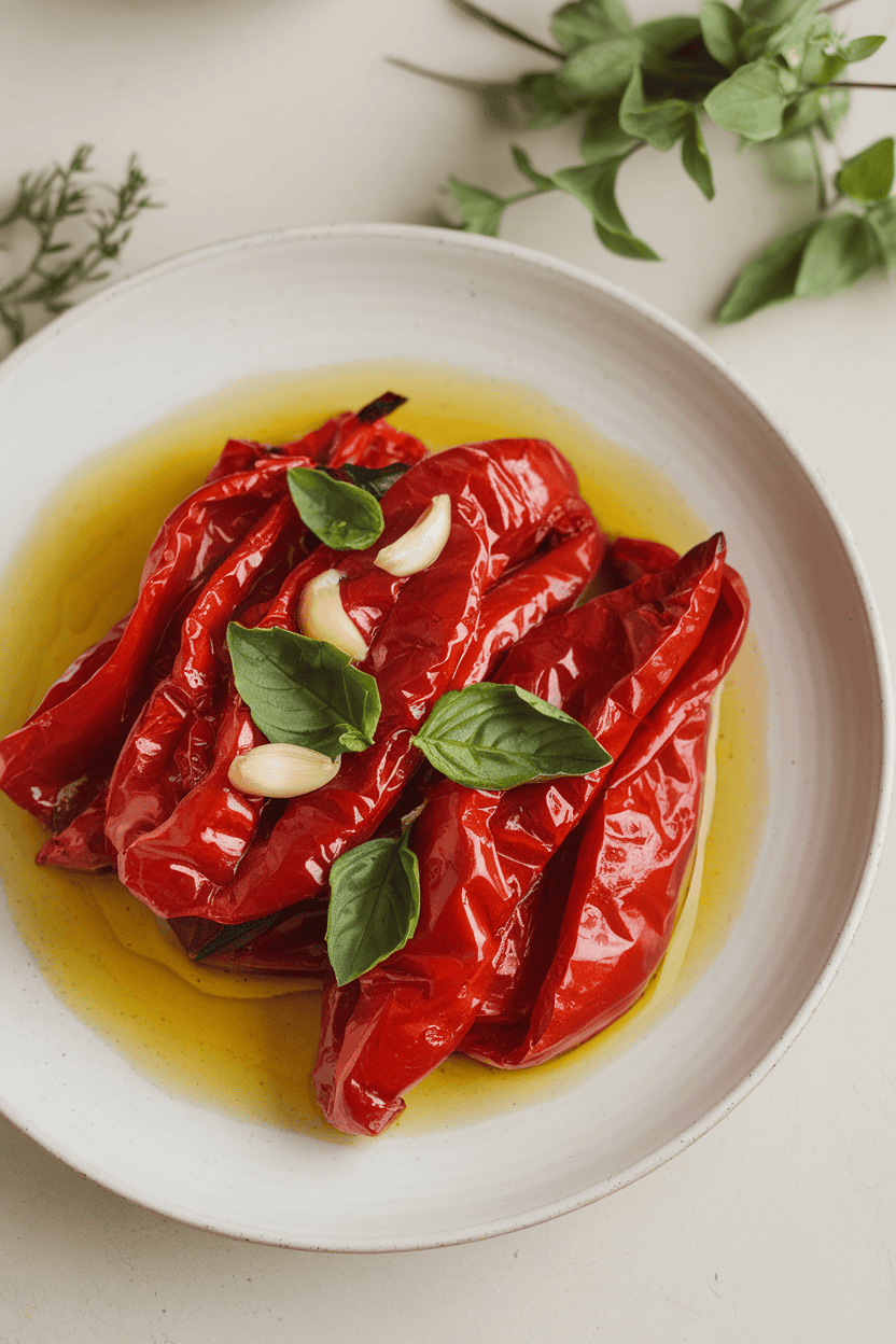 An indoor plate featuring glossy roasted red pepper strips drizzled with olive oil and garnished with basil leaves and garlic slices. No text or logos; photo only.