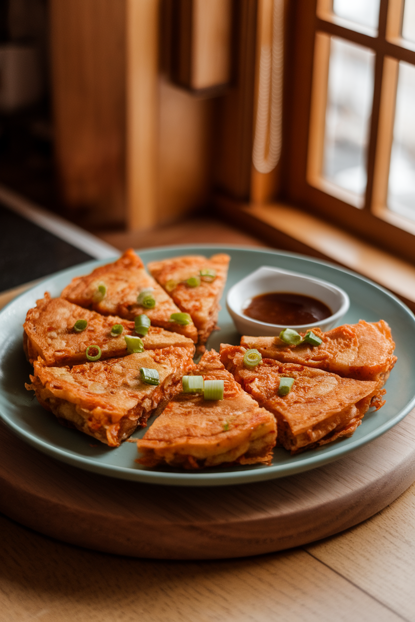 Indoor photo of a plate of crispy kimchi pancakes cut into wedges, sprinkled with scallions, a small dish of dipping sauce beside it. Warm kitchen lighting, no text or logos.