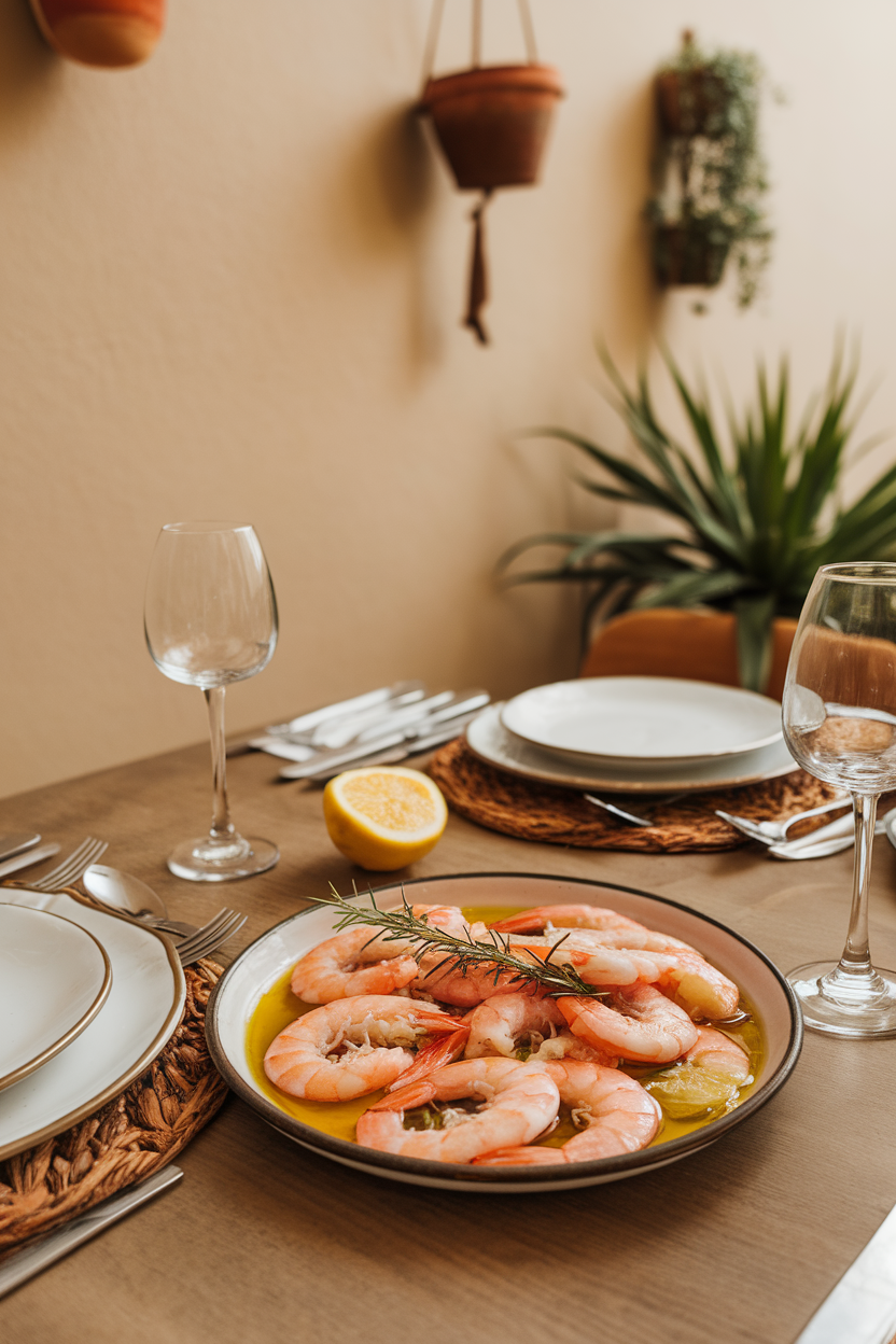 An indoor dining table with a shallow dish of pink cooked shrimp nestled in herb-infused olive oil with lemon zest; no logos, warm light.