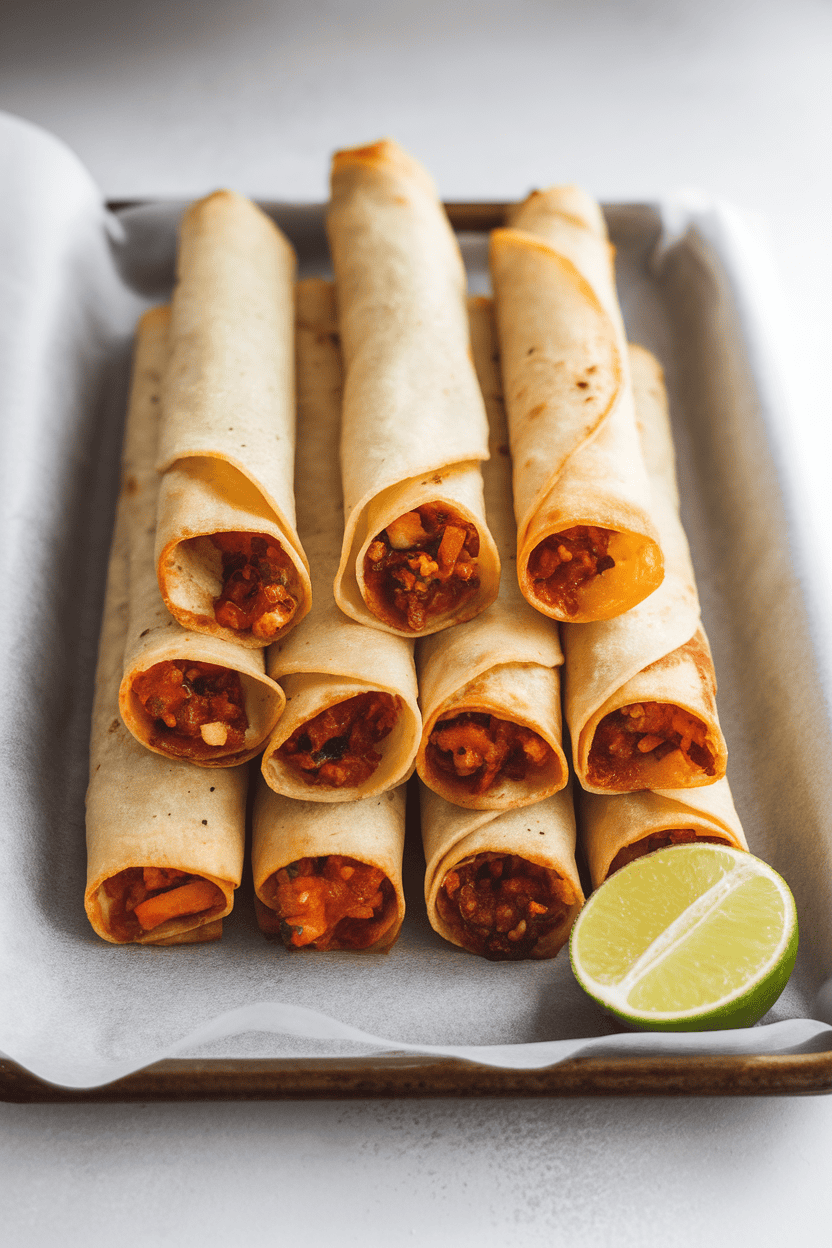 Indoor photo of neatly aligned taquitos, ends crisp and golden, on a parchment-lined tray with a lime wedge. No text or logos present.