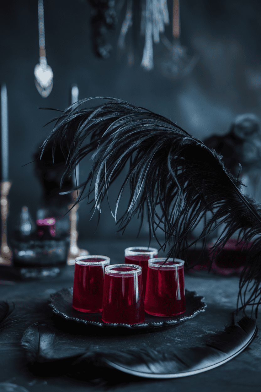 Indoor gothic table with deep purple raspberry jello shots alongside matte black feathers, no text or logos