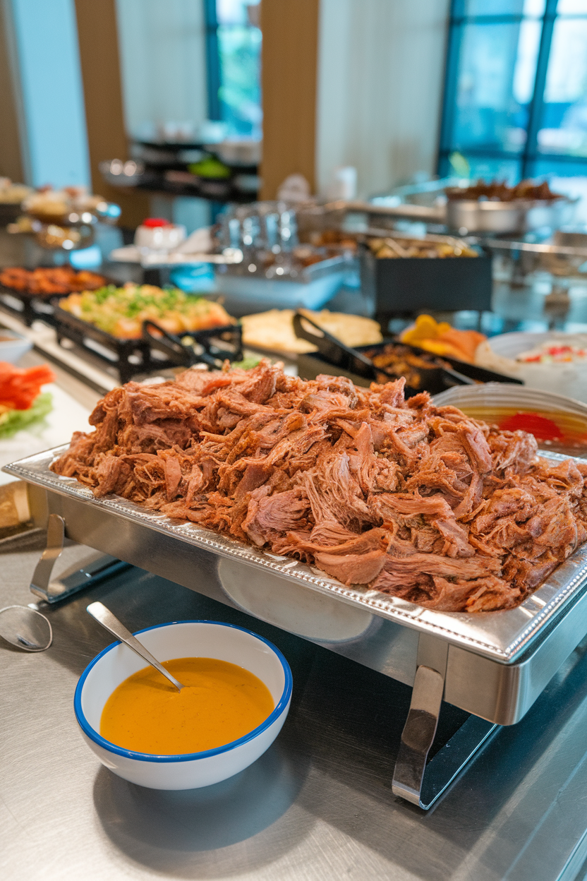 Indoor buffet table featuring a platter of pulled pork alongside a small bowl of golden mustard barbecue sauce, no text or logos. Photo.