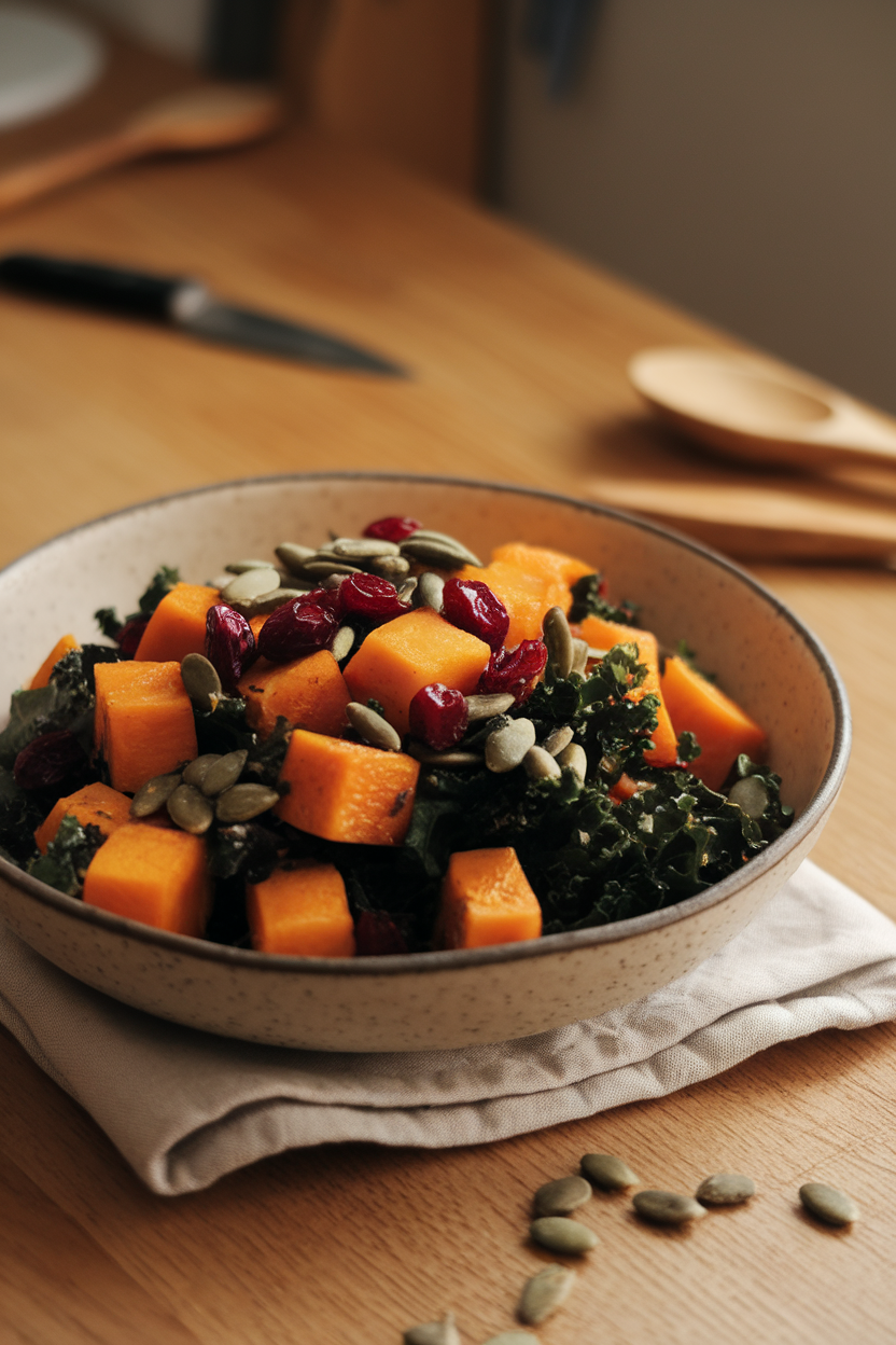 Indoor photo of a wide, shallow white bowl filled with roasted butternut squash cubes, dark green kale ribbons, dried cranberries, and toasted pumpkin seeds on a wooden table; warm soft lighting, no text or logos.