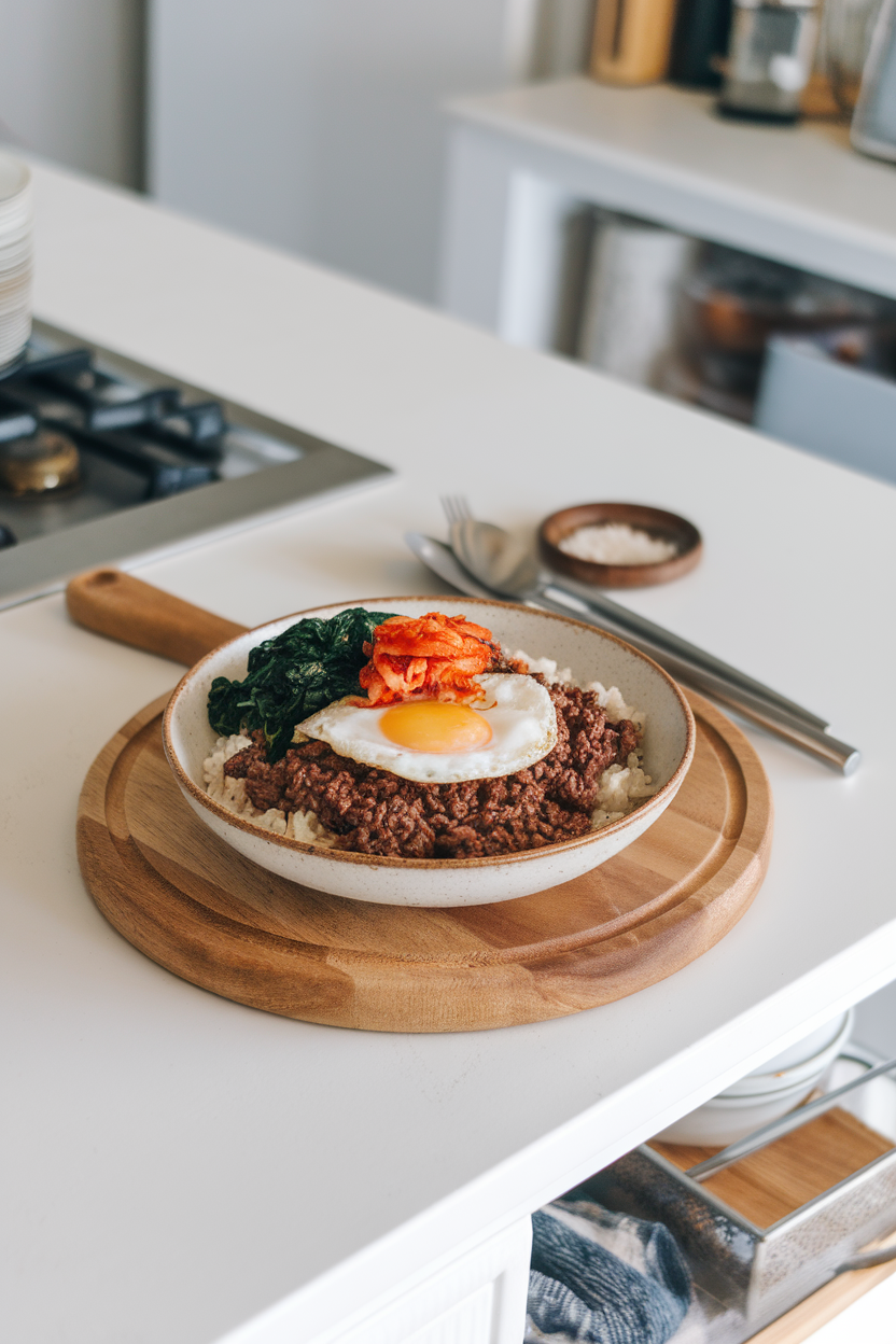 Photo of an indoor kitchen island with a bowl of browned lean ground beef seasoned bulgogi-style, served over cauliflower rice, topped with sautéed spinach, a fried egg, and a small mound of kimchi. No text or logos visible.