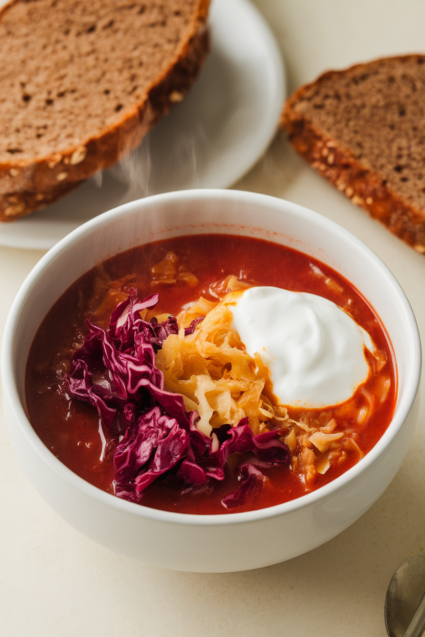 Indoor photo of a steaming bowl of ruby red soup featuring shredded cabbage and sauerkraut, dolloped with yogurt, served with rye bread. No text or logos.