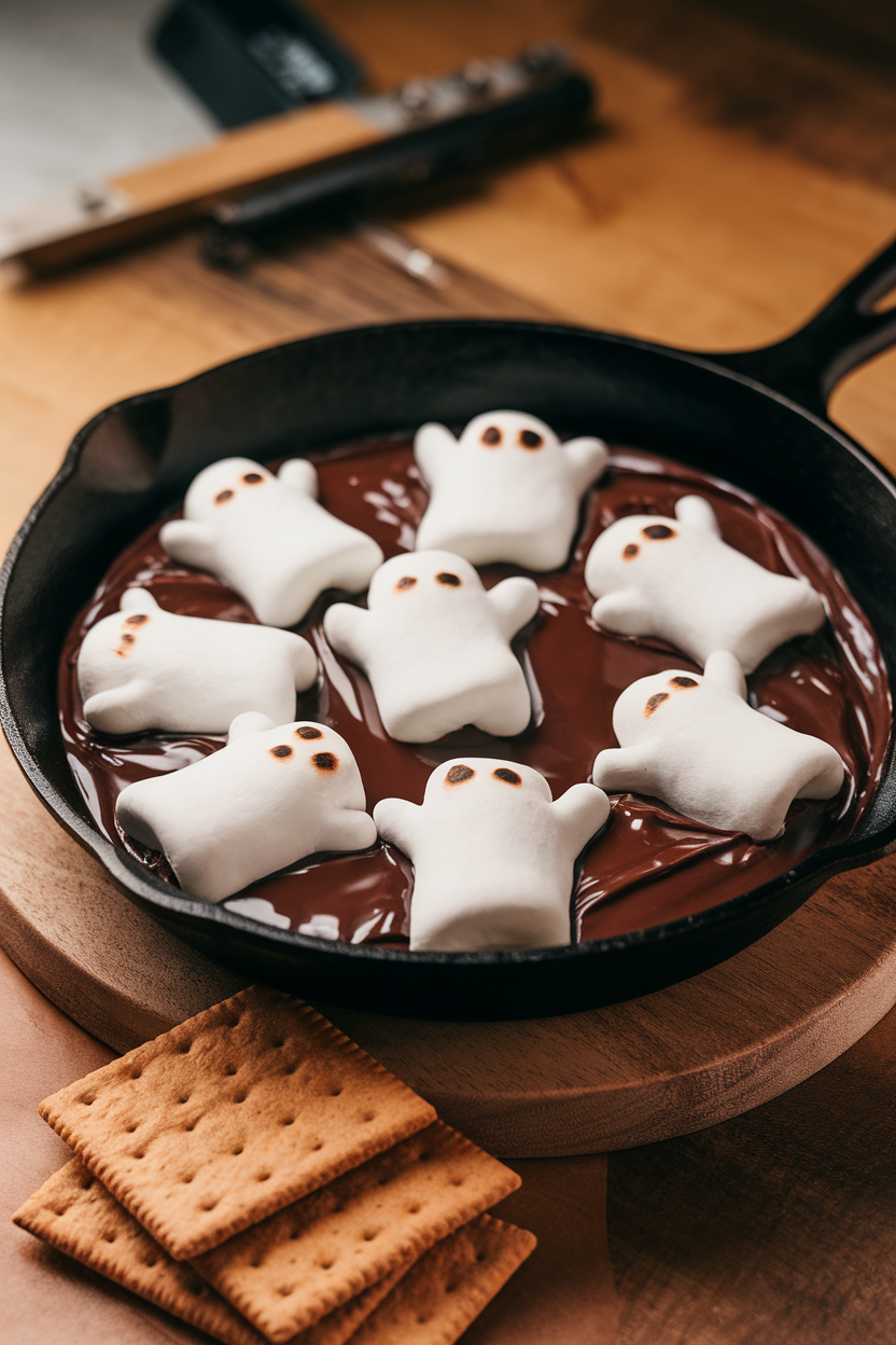 An indoor cast-iron skillet filled with melted chocolate and toasted marshmallows shaped like ghosts, served with graham crackers on the side. Photo only, no text or logos.