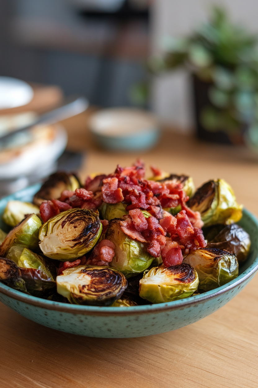 An indoor dining table featuring a shallow bowl of roasted Brussels sprouts tossed with bacon bits, charred edges visible; no text or logos. Photo.</Prompt