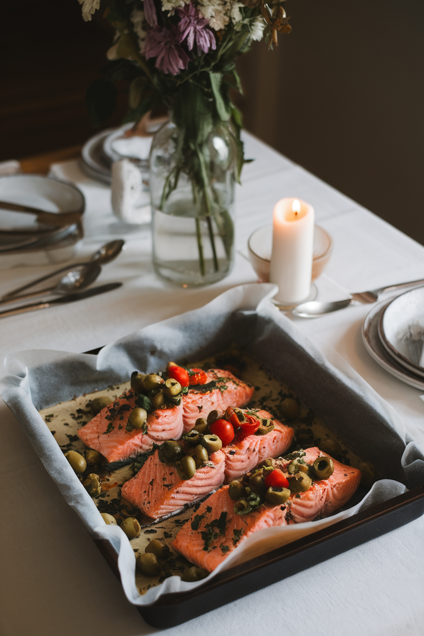 An indoor dining table showing a parchment-lined baking dish of cooked salmon fillets topped with chopped olives, cherry tomatoes, and herbs; warm ambient lighting, no logos anywhere.