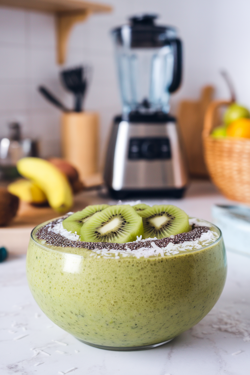 An indoor kitchen setting featuring a wide bowl of vibrant green smoothie topped with sliced kiwi, shredded coconut, and chia seeds. Photo only, no text or logos.