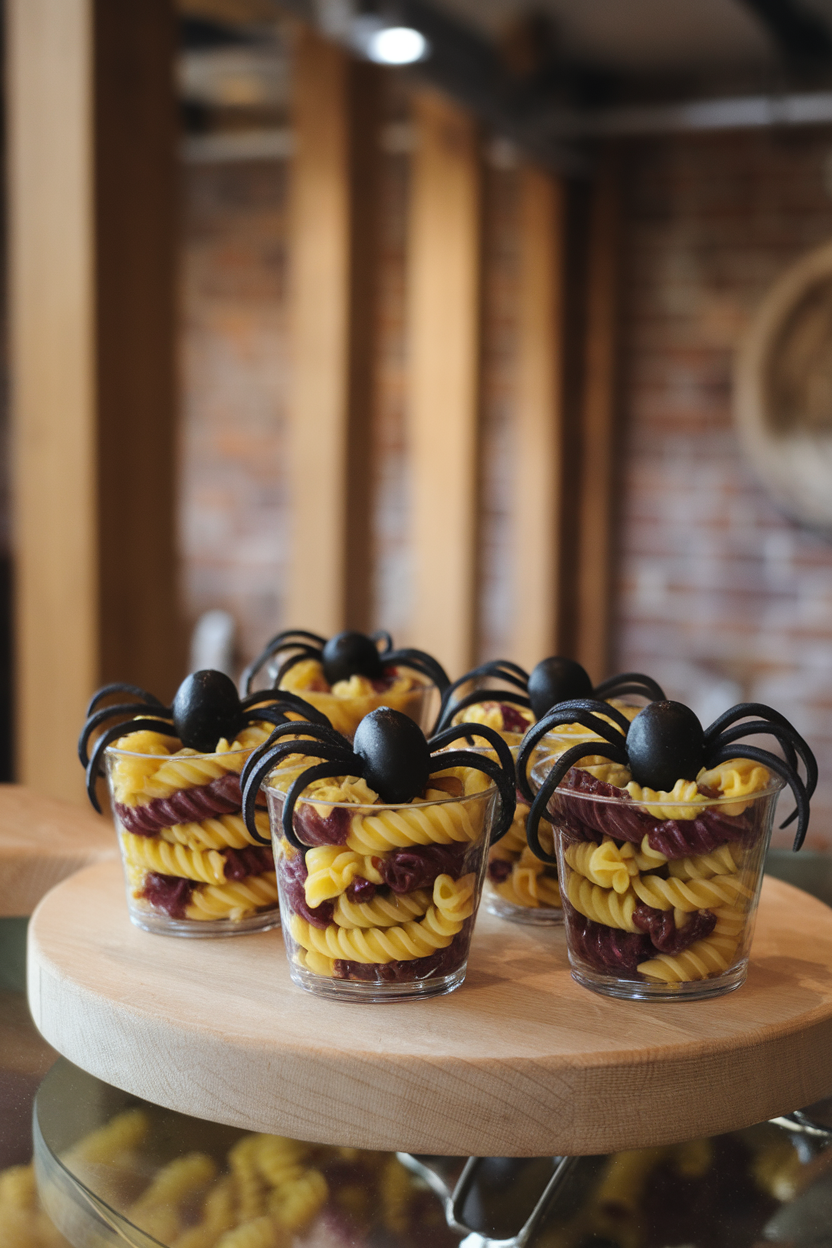 Individual cups of tri-color rotini with black olive “spiders” perched on top, displayed indoors. Photo, no text or logos.