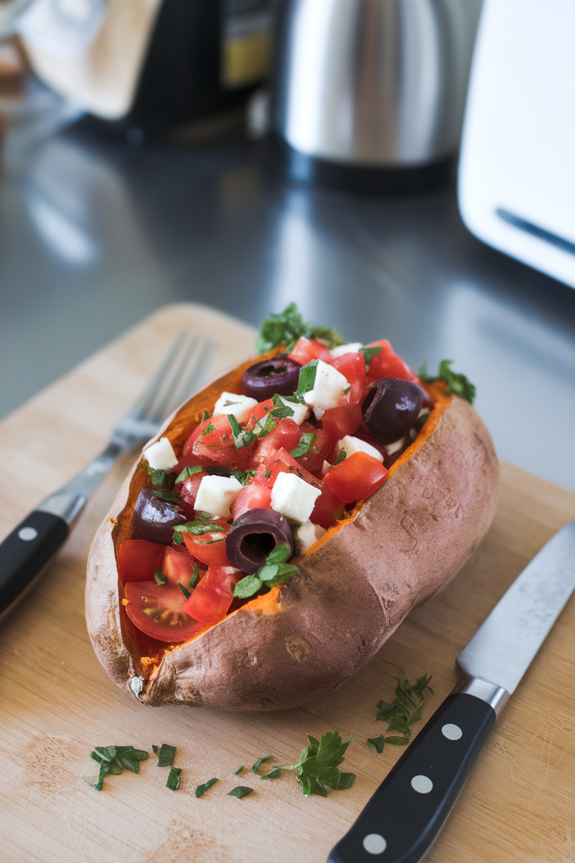 An indoor kitchen counter photo of a baked sweet potato split open and filled with chopped tomatoes, olives, feta, and parsley, no text or logos.