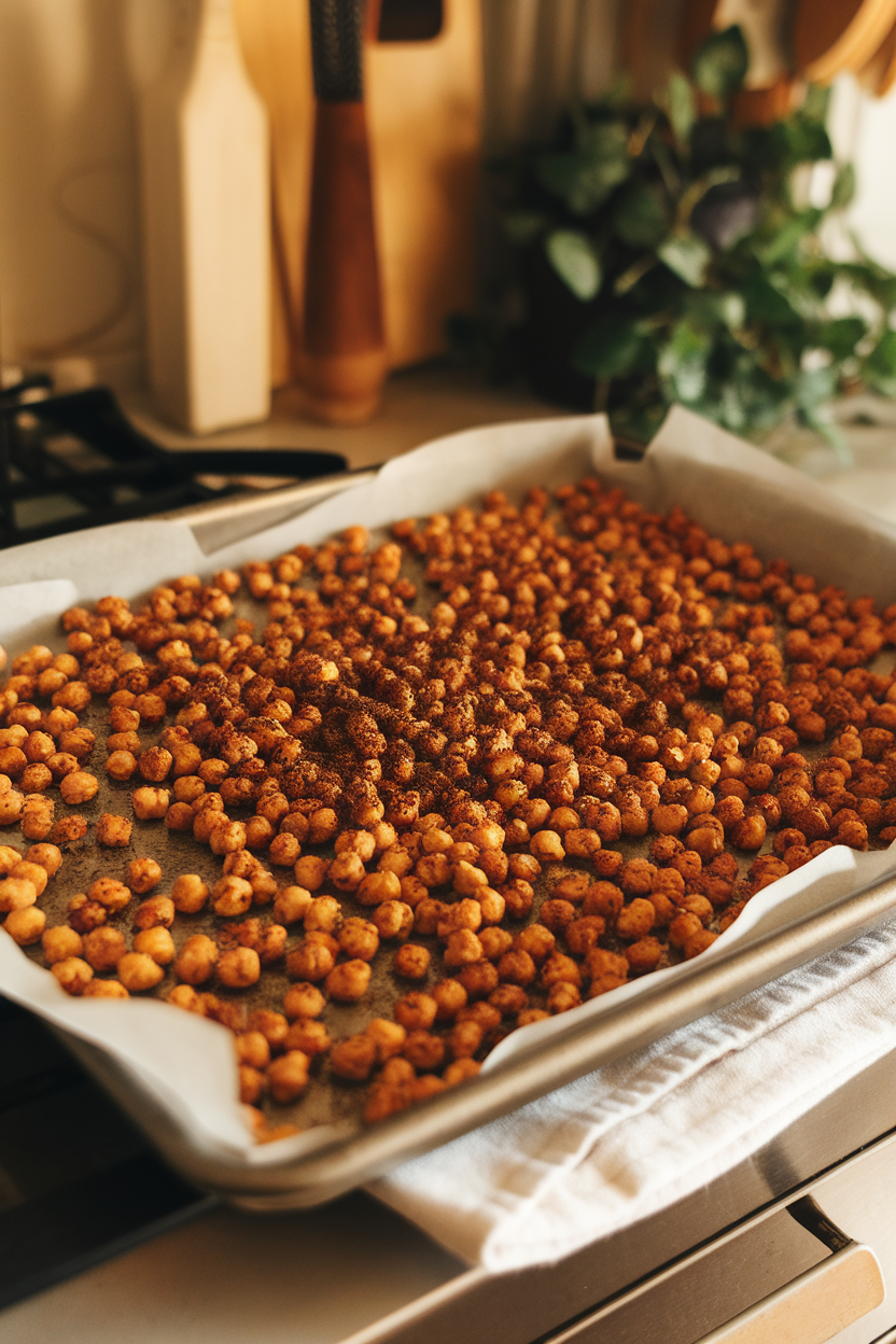 An indoor baking tray on a countertop, scattered with crunchy roasted chickpeas dusted in za’atar, olive oil glistening under warm lighting. No text or logos. Photo, not illustration.