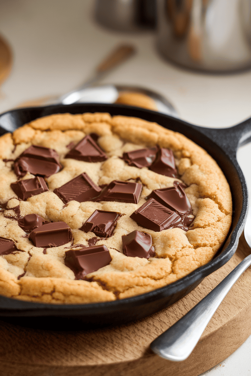 Indoor photo of a blond skillet cookie studded with melted chocolate chunks, a serving spoon beside it, no text or logos