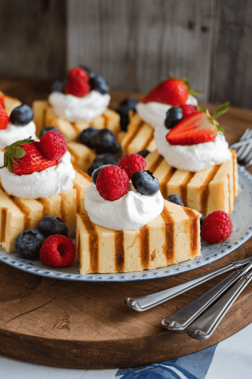 An indoor serving platter holding grill-marked pound cake slices topped with whipped cream and mixed berries. No text or logos. Photo only.