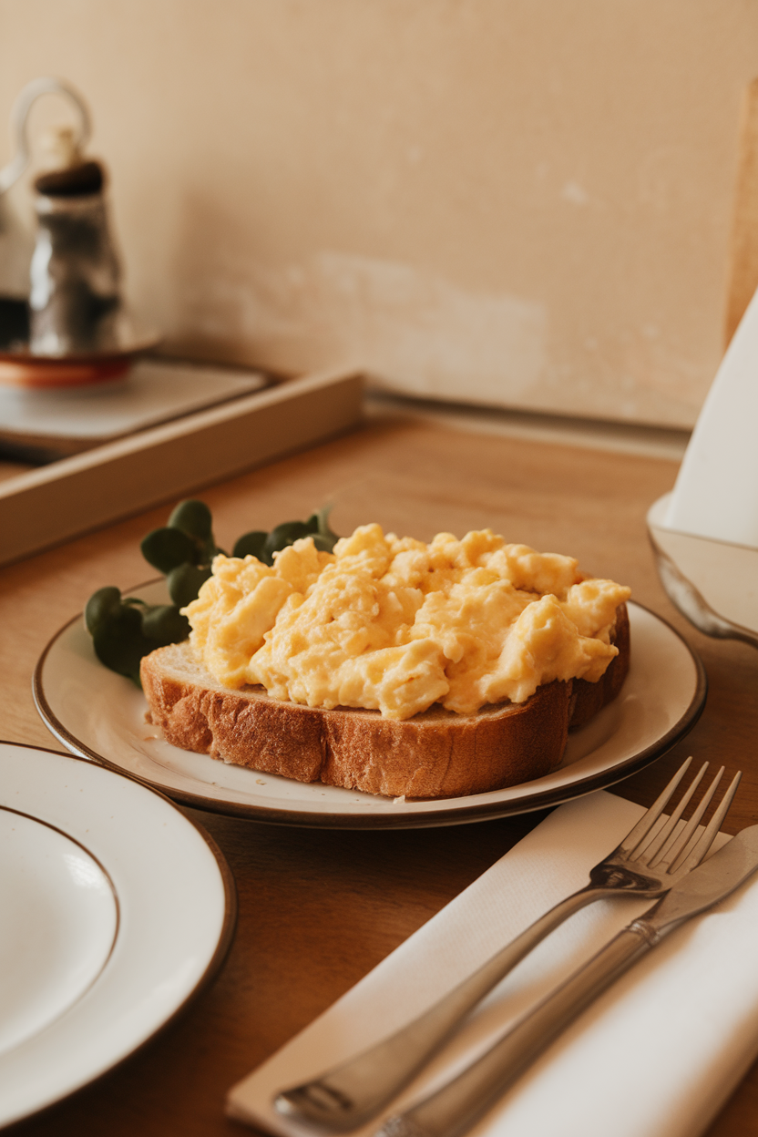 Cozy indoor breakfast table with a slice of soft white toast topped by creamy scrambled eggs, eggs slightly glossy. No text or logos; photo only.