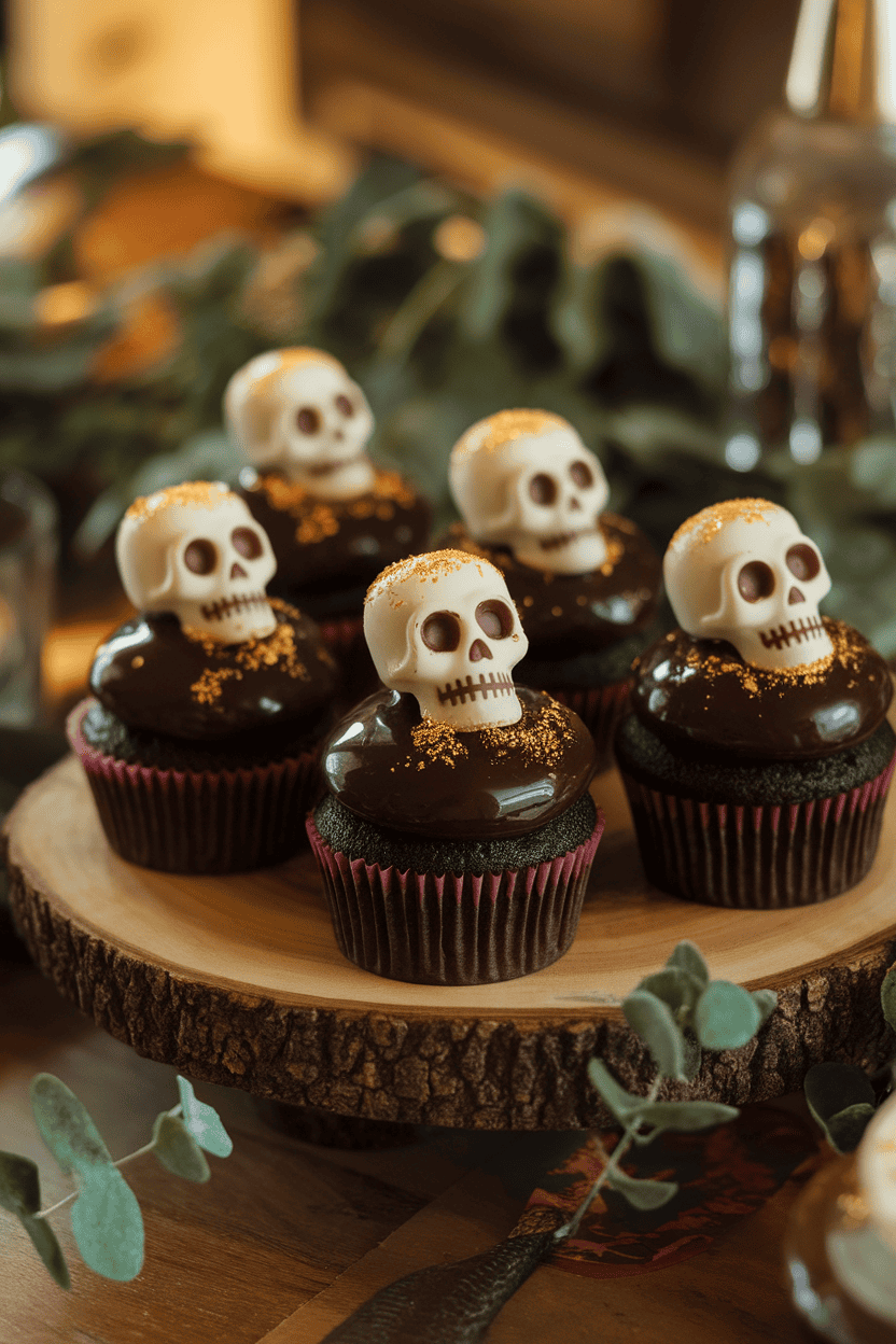 Warm indoor image of dark chocolate cupcakes glazed with rum syrup, crowned by a white chocolate skull and gold luster dust accent; no text or logos
