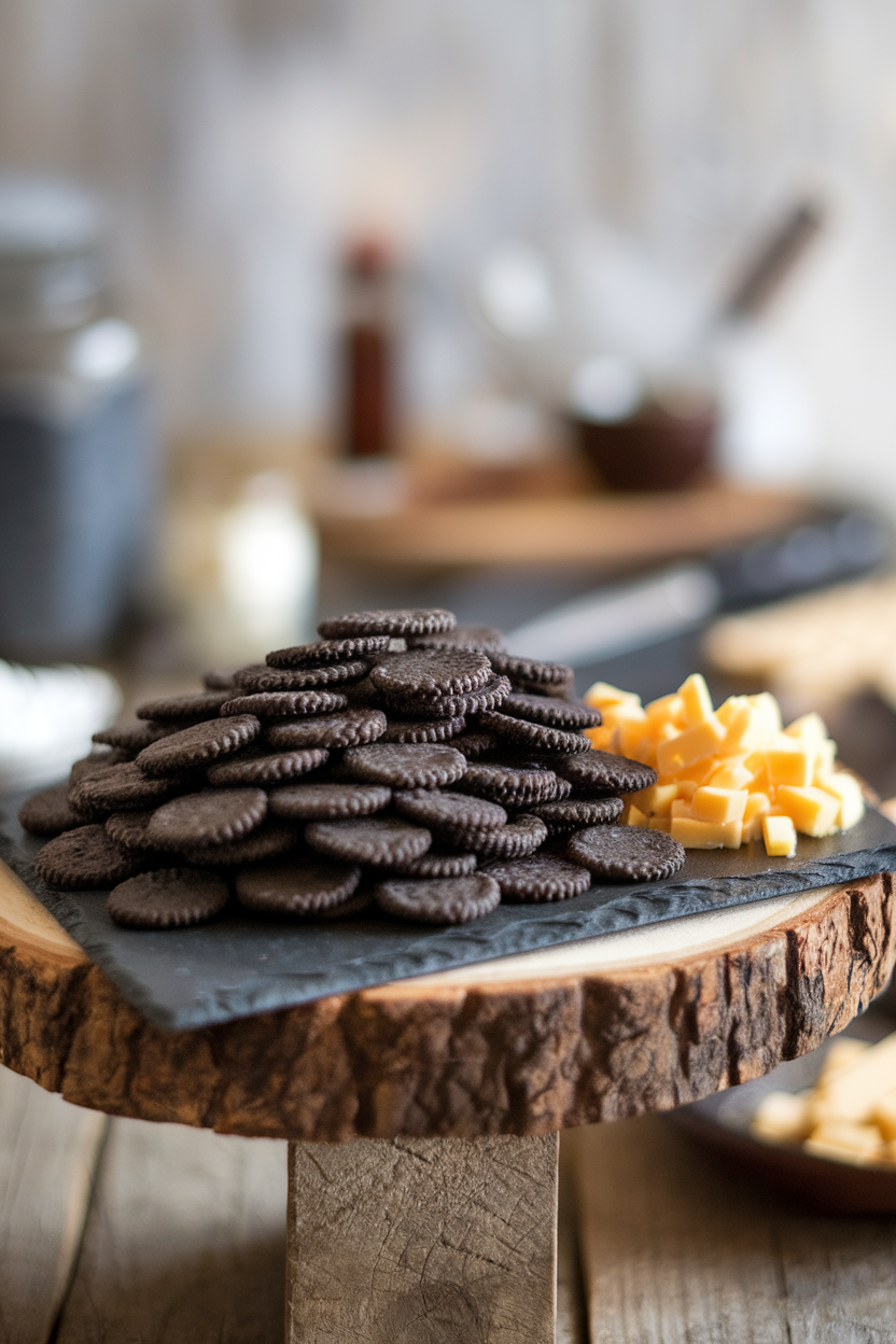 Indoor slate board of jet-black cheese crackers, a wedge of white cheddar for contrast. No text or logos.