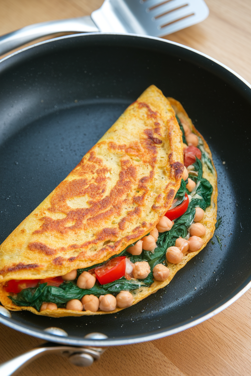 An indoor frying pan with a folded chickpea omelet filled with spinach and tomatoes, spatula resting beside. Photo only, no text or logos.