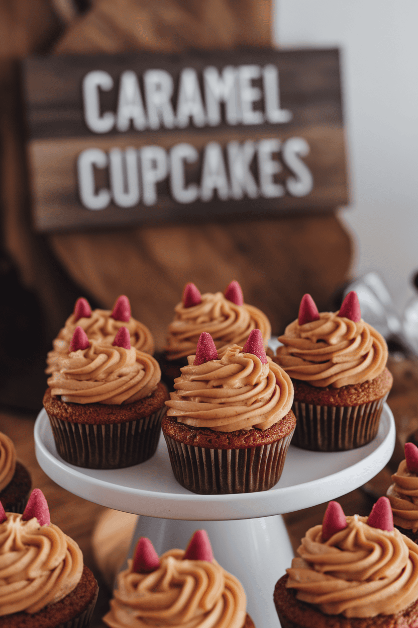 Indoor photo of caramel cupcakes with glossy dulce de leche swirl and two small red candy horns protruding; no text or logos