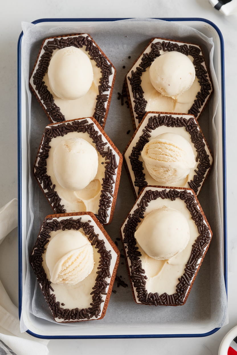A chilled indoor tray with coffin-shaped chocolate cookies sandwiching vanilla ice cream, edges dipped in black sprinkles. Photo only, no text or logos.