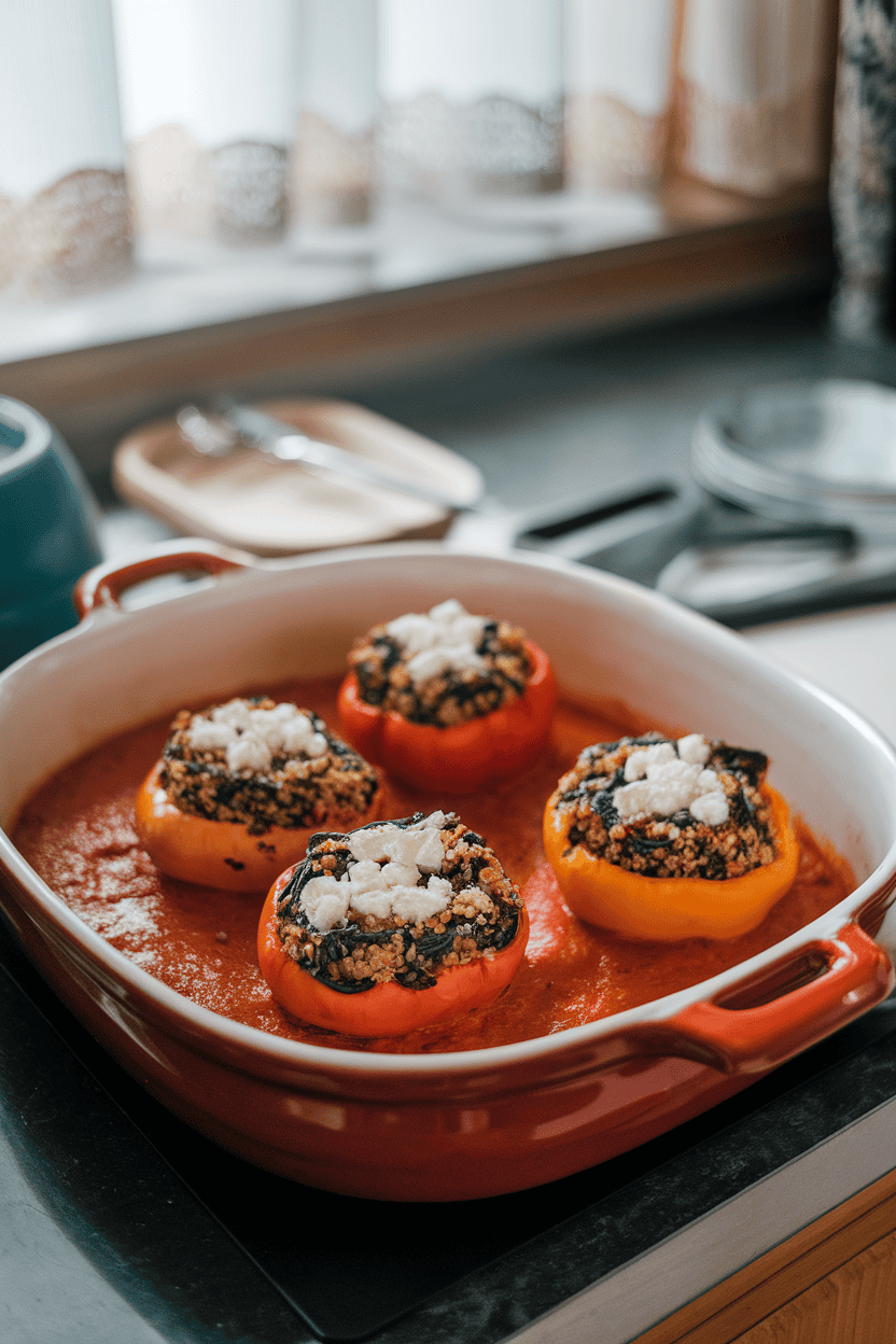A ceramic dish on an indoor counter featuring cooked bell peppers stuffed with quinoa, spinach, and feta, tomato sauce pooled around. No text or logos.