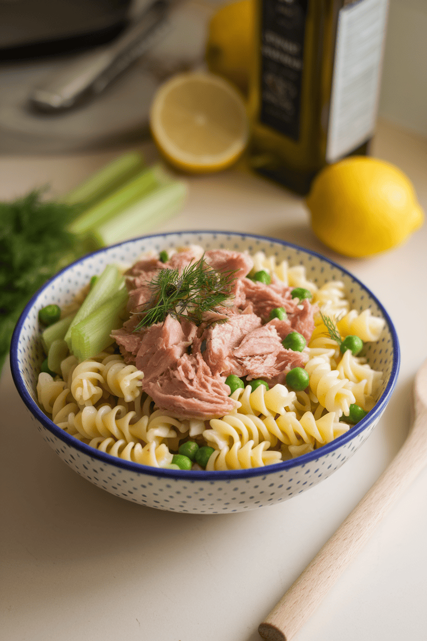 Indoor countertop scene with a bowl of fusilli pasta tossed with flaky cooked tuna, celery slices, peas, and fresh dill, no logos. Photo only.