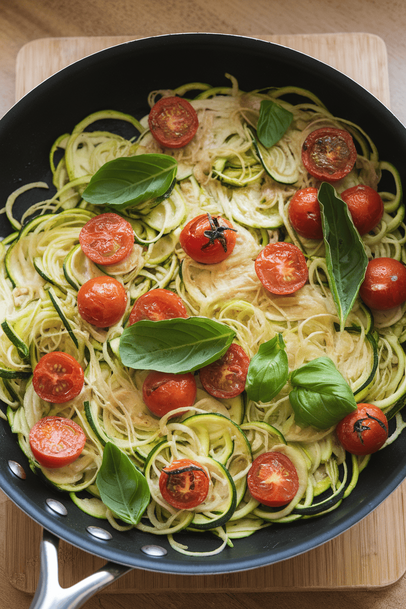 Indoor sauté pan with zucchini noodles and cherry tomato halves, basil leaves tossed in, no writing