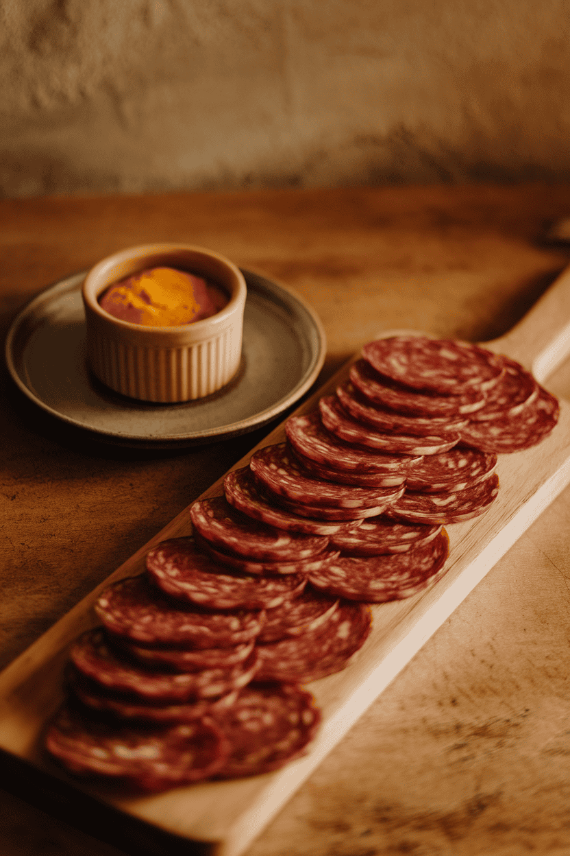 Warm indoor photo of slices of salami folded and layered to resemble raven feathers across one side of a wooden board, paired with mustard ramekin. No text or logos.