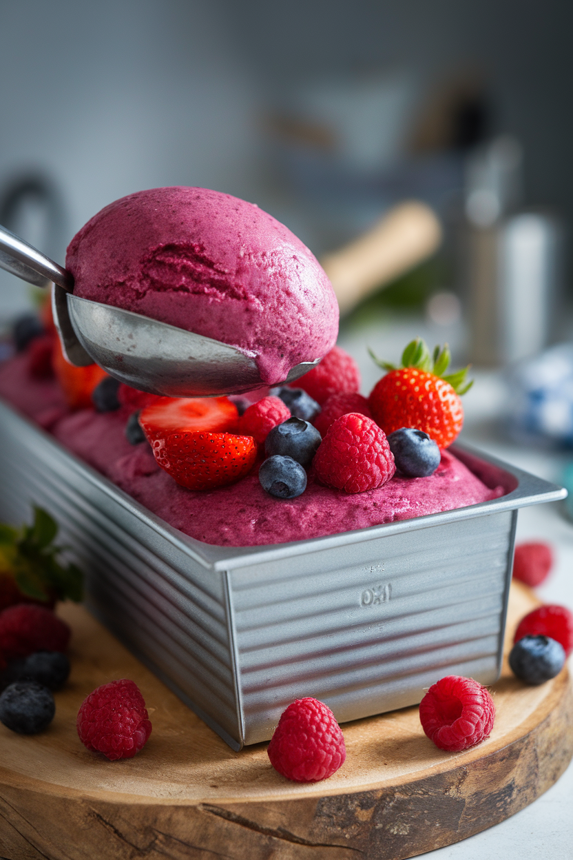 An indoor metal loaf pan filled with magenta sorbet being scooped, fresh berries scattered around. No text or logos.