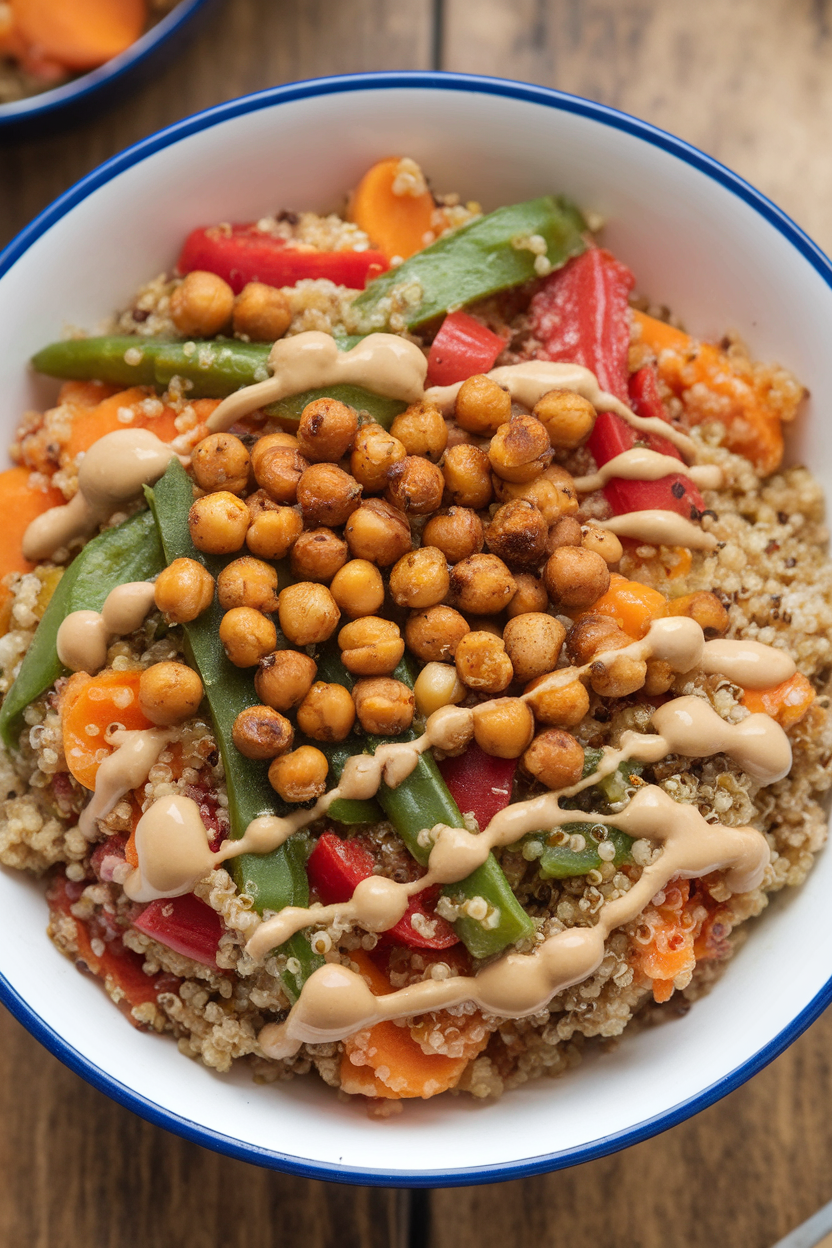 Indoor photo of a colorful quinoa and vegetable bowl topped with roasted chickpeas and tahini drizzle; no text or logos
