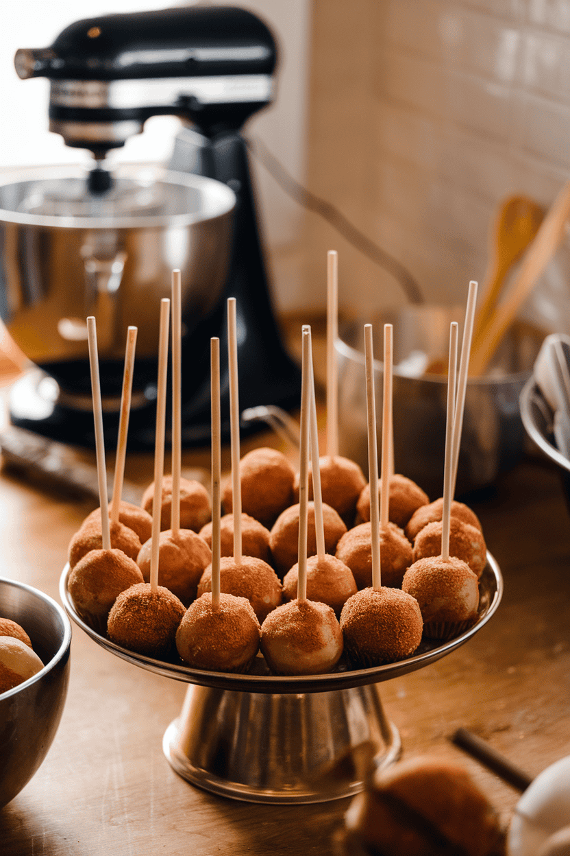 Cinnamon-sugar coated cake pops on sticks resembling mini donuts, indoor bakery setting; no logos or text. Photo.